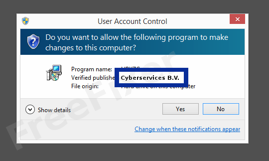 Screenshot where Cyberservices B.V. appears as the verified publisher in the UAC dialog